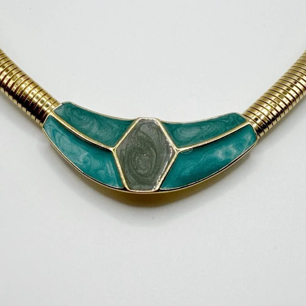 Vintage Trifari‎ Aqua Enamel Collar Necklace 1980s Goldtone